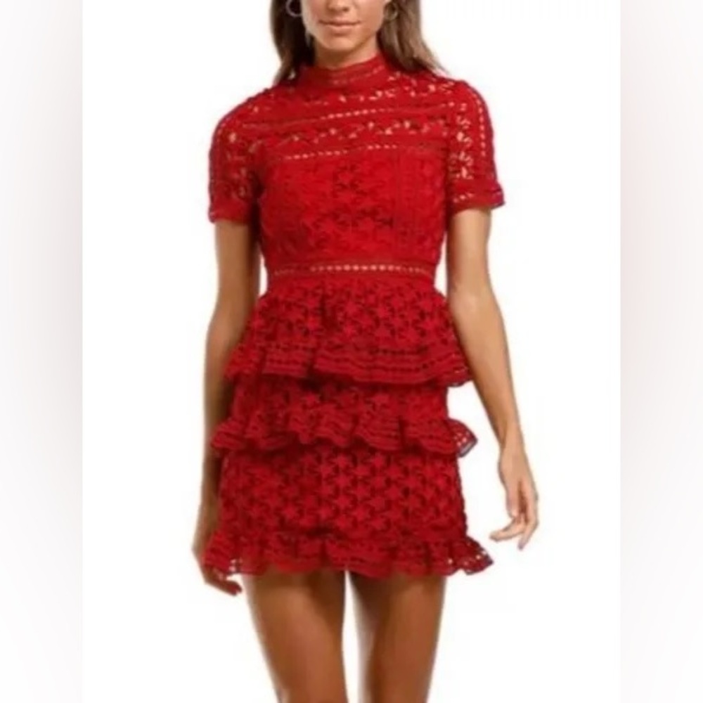 Self portrait, crochet lace, peekaboo dress with ruffled skirt